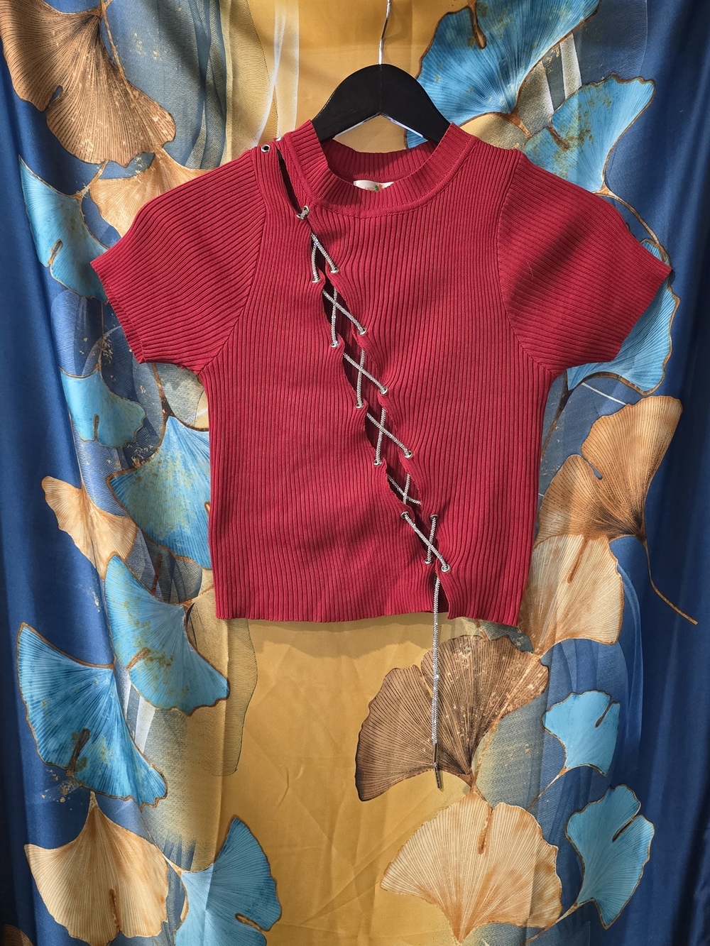 Lucky Brand Red Ribbed Short Sleeve Top with Crystal Lace-Up Detail